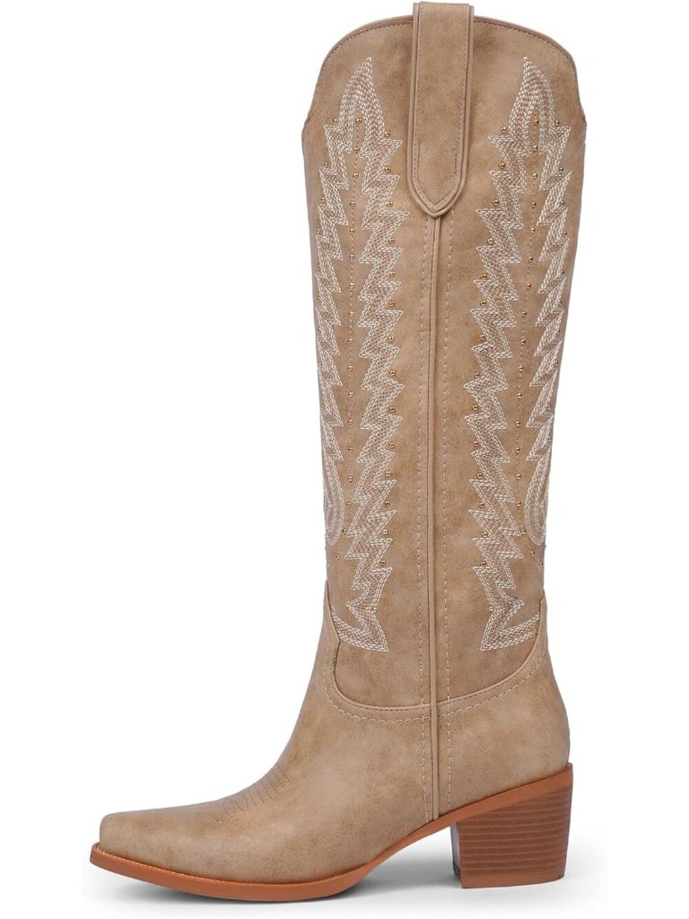 Women's Light Khaki Knee High Cowboy Boots 2.2 Inch Chunky Heel Pointed Toe - Picture 4 of 6